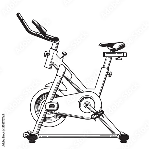 Detailed black and white illustration of a stationary exercise bicycle for fitness and training