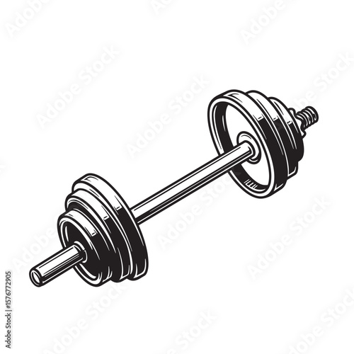 Detailed black and white vector illustration of a heavy weight barbell on a white background