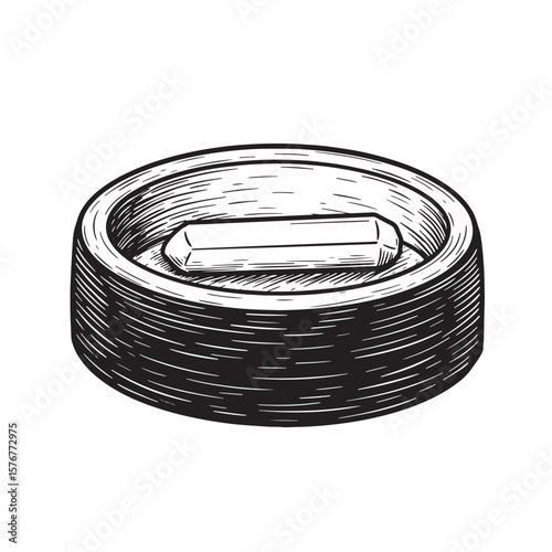 Detailed engraved illustration of a cylindrical container holding a rectangular object