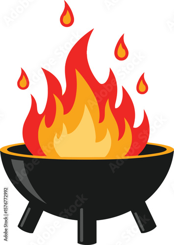 Illustration of a black grill with fire flames and drops above it