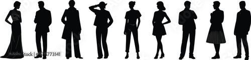 Stylish silhouettes of fashionable men and women in modern outfits, standing poses, evening dress and casual wear, isolated on white background
