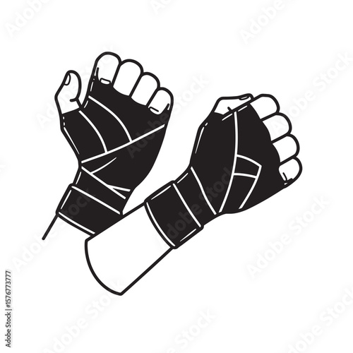 Illustrated black and white vector graphic of fists with boxing hand wraps prepared for training