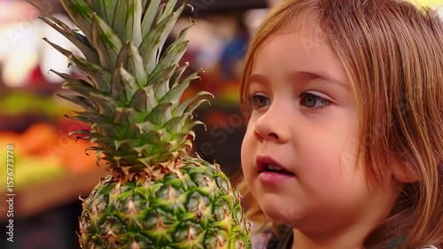 A young child staring curiously at a pineapple, examining its texture and shape with fascination. The scene captures innocence, curiosity, and discovery.