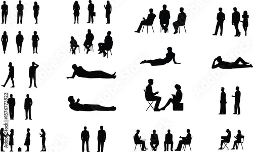 Silhouettes of people standing, sitting, lying, and interacting in various poses, male and female figures, business and casual body language