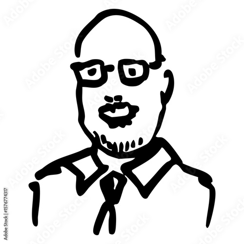 Portrait of a bald middle aged man wearing glasses and a tie. Funny male portrait. Hand drawn linear doodle rough sketch. Black and white silhouette.