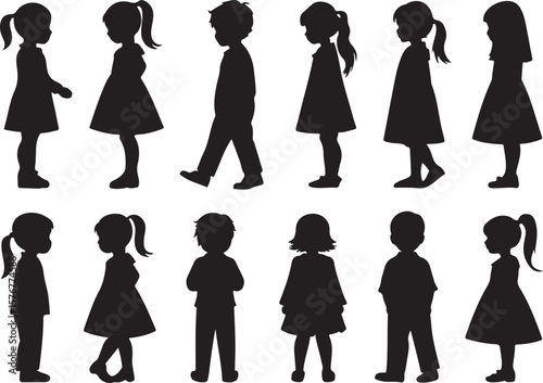 Silhouettes of Diverse Children Standing and Moving, Youthful Expression, Profiles, and Minimalist Character Design.