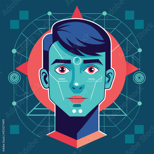 Abstract illustration of a geometric human face with futuristic technological elements