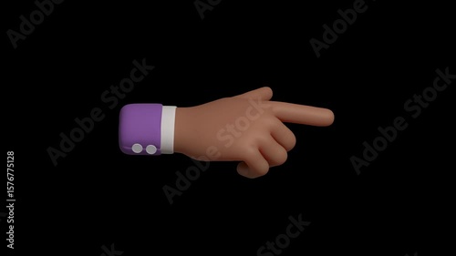 Seamless 4K loop of black skin pointing to right side hand in purple sleeve. 3D emoji cartoon animation render with alpha transparent background