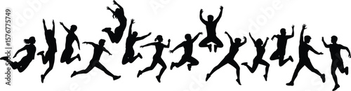 Silhouettes of people in mid-air jumping pose, showing excitement, motion, energy, freedom, fun, fitness, and youthful celebration outdoors