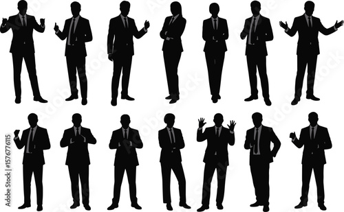 Business people silhouettes in suits standing with different gestures, including open arms, crossed arms, talking, thinking, explaining, and presenting confidently