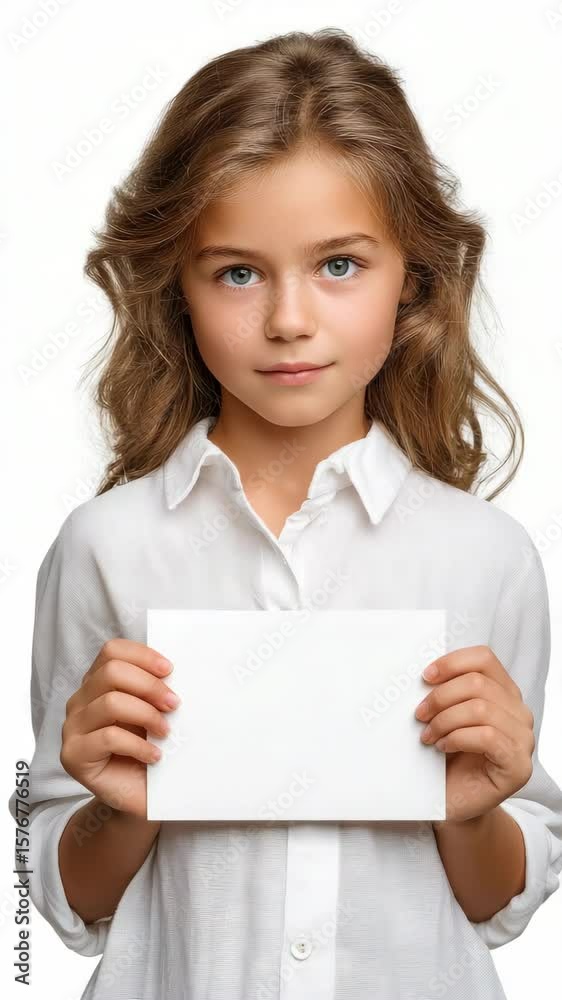 Young Girl Holding Blank Card in Bright Studio Environment with Relaxed Expression Young Girl Holding Blank Card in Bright Studio Environment with Relaxed Expression