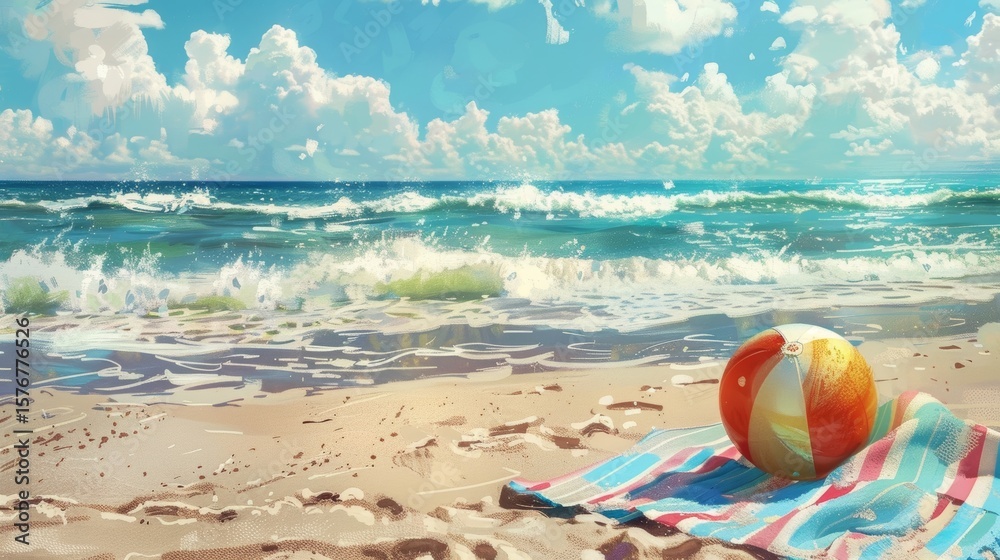 Obraz premium Colorful oil pastel illustration of a beach towel, umbrella, and volleyball on a sandy tropical shore under a bright blue sky, capturing the playful essence of summer