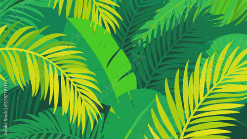 Lush green tropical leaves background illustration with vibrant jungle foliage pattern
