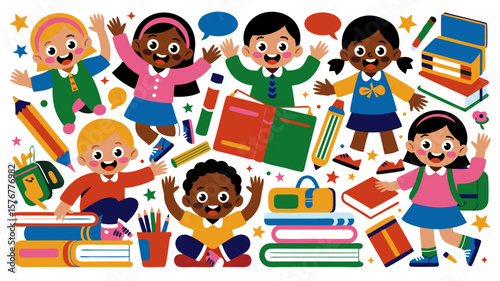 Cheerful cartoon children with books, pencils, and backpacks celebrating school
