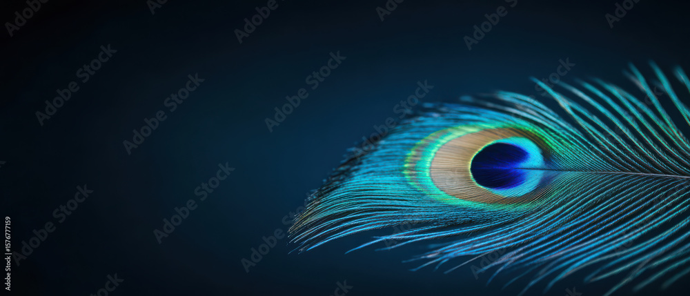 Obraz premium Vibrant peacock feather displaying intricate patterns and vivid blue and green colors on dark background