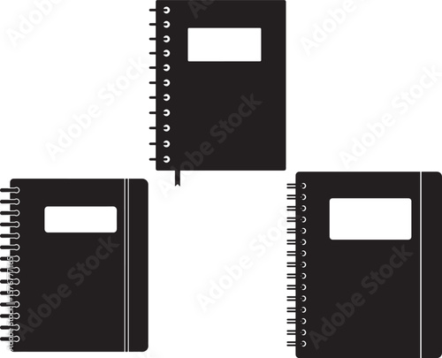 Simple black silhouette of an open notebook on a white background