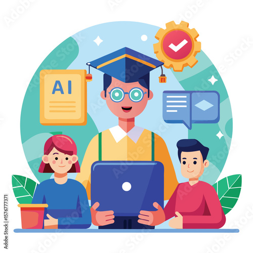 Illustration of students using technology for education and artificial intelligence studies