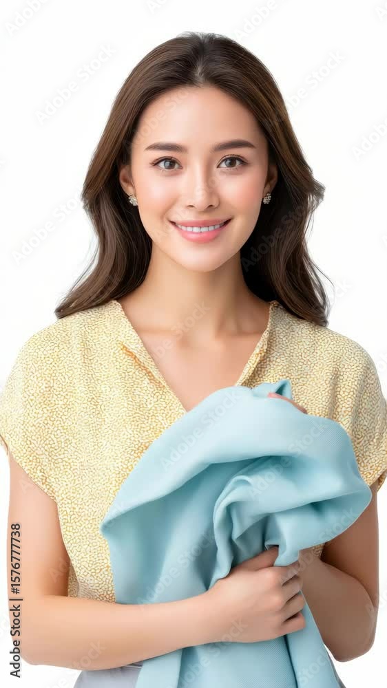 Smiling Young Woman Holding Light Blue Fabric Close to Chest with a Bright Yellow Top and Warm Expression Smiling Young Woman Holding Light Blue Fabric Close to Chest with a Bright Yellow Top and Warm Expression
