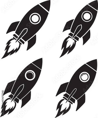 Retro rocket ship blasting off into starry night sky silhouette