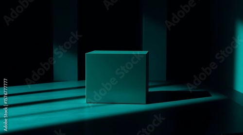 Teal block stands amid shadowy columns