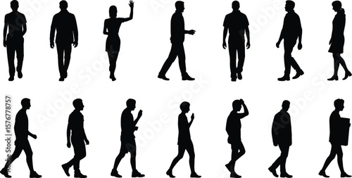 Silhouettes of men and women walking and standing in casual poses, isolated on white background, ideal for design, presentation, and creative projects
