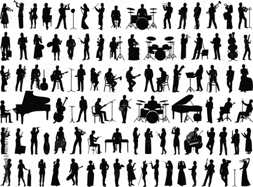 Silhouettes of musicians playing instruments in concerts and practice sessions, showcasing performers with guitars, drums, violins, saxophones, microphones, and pianos