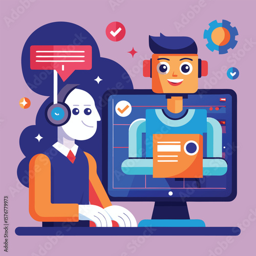 Customer service representative and ai assistant providing support via digital interface