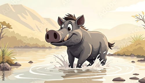 Cartoon Boar Splashing Water Walking Near Lake in Landscape
