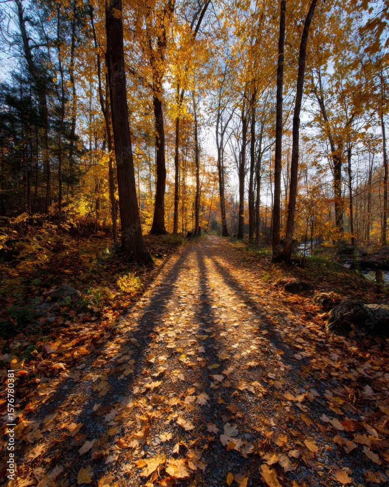 Obraz premium Golden-leaved trees casting long shadows across a peaceful walking trail in late afternoon light.
