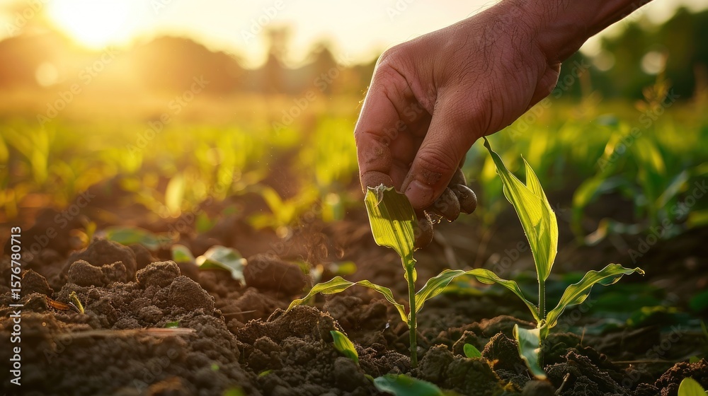 Fototapeta premium Hand Planting Corn Seedlings in Field