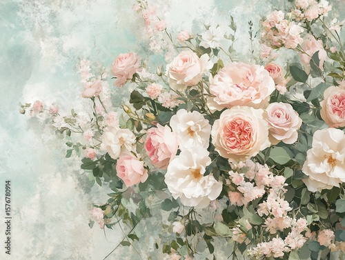 Elegant floral arrangement of pink and white roses with a vintage textured background providing a soft and romantic aesthetic
