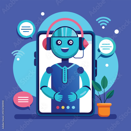 Friendly ai robot customer service concept with plant and chat bubbles illustration