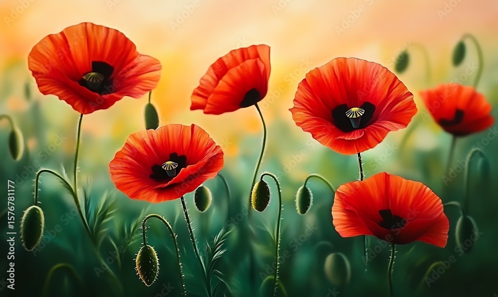 Obraz premium Flames of Nature in Bloom Poppies Glowing in Golden Light Delicate Petals, Bold Presence A Symphony of Scarlet and Sun