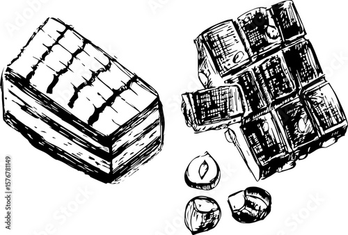 Hand-drawn chocolate bar pieces with nuts on white background  