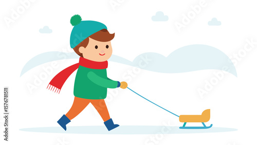 A fun cartoon vector illustration of a man, boy, and dog skiing in the winter snow