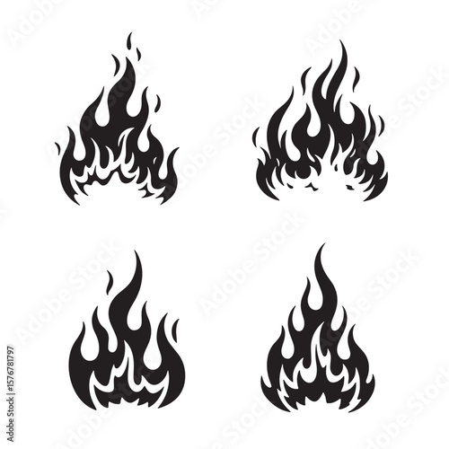 A set of four black silhouette fire flames in various stylized designs for decorative purposes