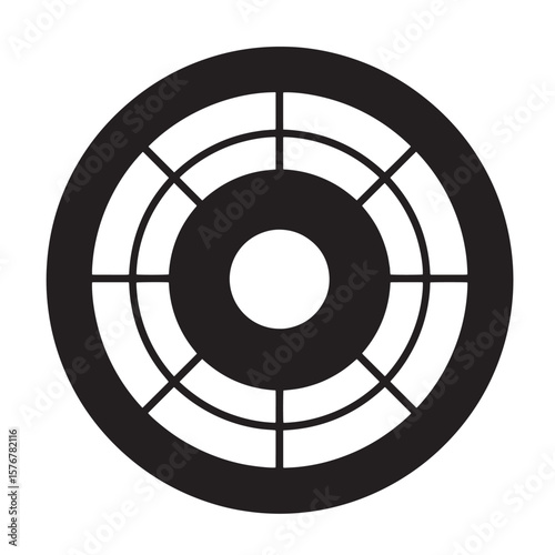 Abstract black and white target graphic with concentric circles and radial lines