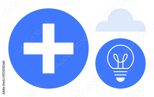 White plus sign in a blue circle, blue lightbulb icon symbolizing ideas, cloud for connectivity. Ideal for health, innovation, creativity, teamwork, collaboration, technology simple landing page
