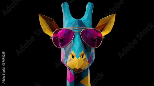 A geometric giraffe wrapped in angular bold blocks of cyan magenta and yellow wearing sleek aviator sunglasses with reflective