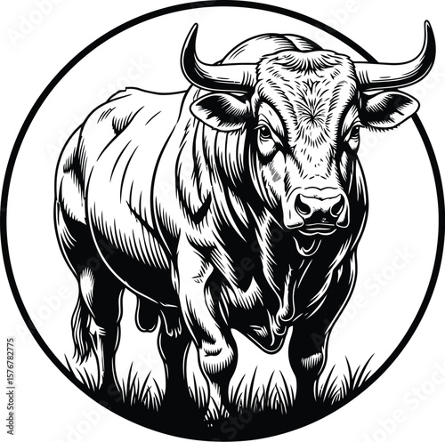 A black and white drawing of a bull inside of a circular border line