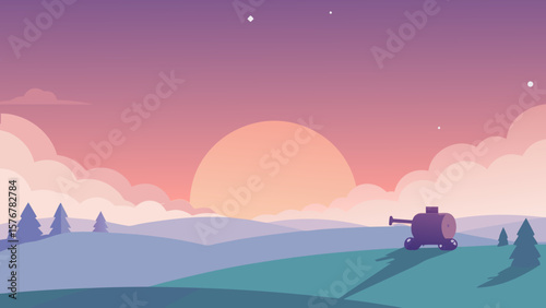 Serene Sunset Landscape Cannon Silhouette at Peaceful Meadow