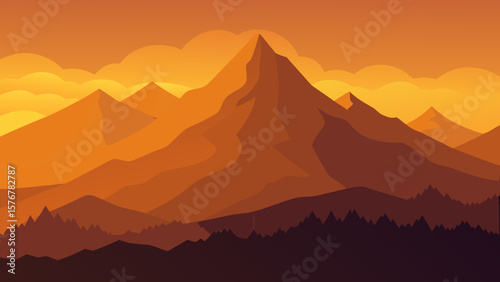 Majestic Sunset Mountain Range Golden Hour Landscape Illustration