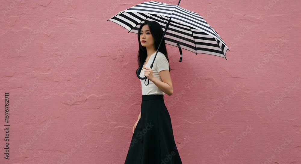 Fototapeta premium Woman walks gracefully holding a black and white striped umbrella against a solid pink textured wall during a light afternoon shower.