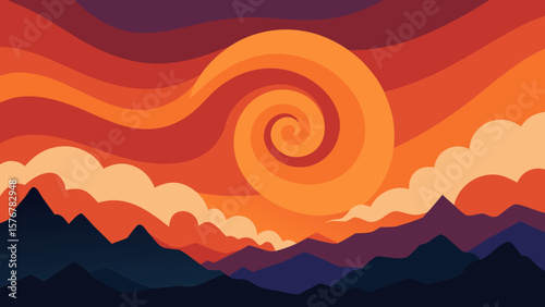 Sunset Spiral A Vibrant Mountain Landscape Illustration