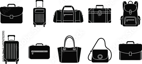 Illustration of various types of bags and luggage in black silhouette