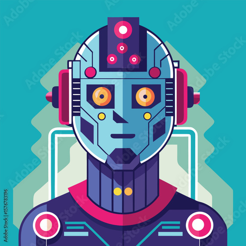 Futuristic robot head vector illustration with detailed geometric and colorful design