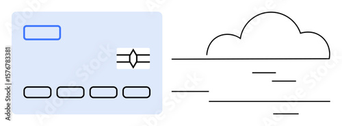 Credit card chip and linear cloud shape merging into streamlined lines representing data transfer and digital connectivity. Ideal for technology, innovation, communication, finance, cloud computing