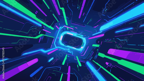 Futuristic neon tunnel with vibrant blue, green, and purple glowing lines in perspective