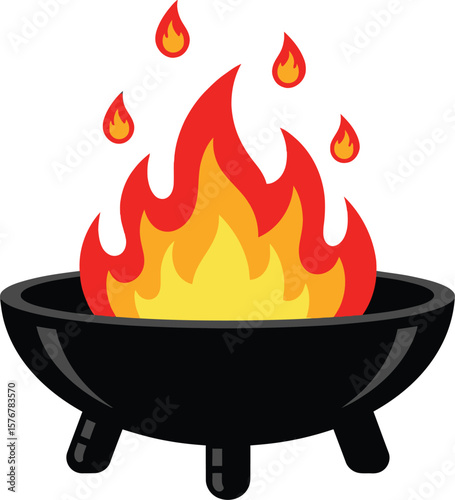 A black fire pit with flames and floating fire droplets on white background