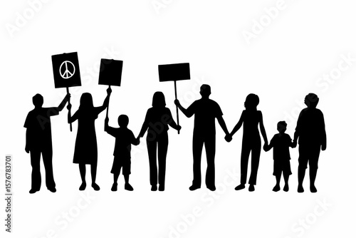Silhouette of a diverse group of people holding hands and signs in a demonstration for peace and unity
